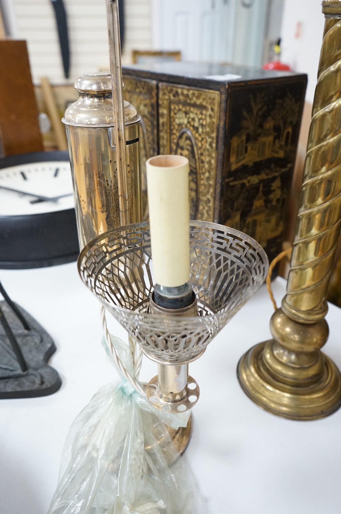 A pair of tall brass fluted column table lamps and arise and fall desk lamp, largest each overall 64cm high